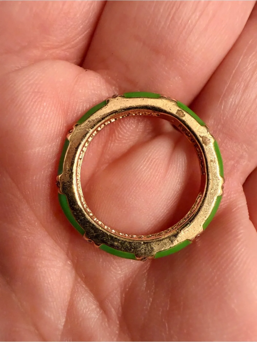 Fornash Signed Green Enamel Eternity Ring Gold Tone Rhinestone Band Size 6